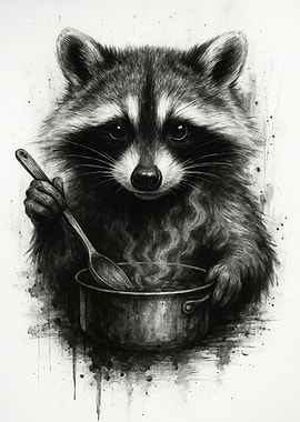 Raccoon Chef Stirring Pot - Monochrome Art