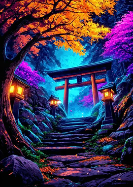 Japanese Torii Gate in Autumn Landscape