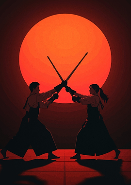 Kendo Duel Silhouette Against Red Sun
