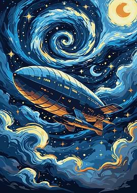 Airship in Starry Night Sky