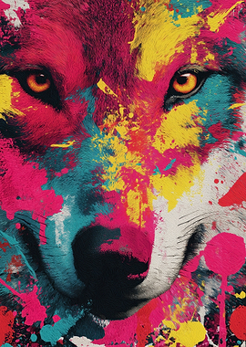 Colorful Wolf Portrait with Paint Splatters