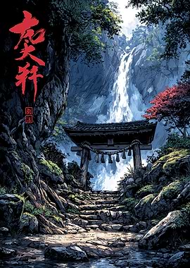 Japanese Shrine Waterfall Landscape Art