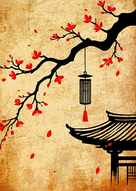 Japanese Cherry Blossom and Lantern Art