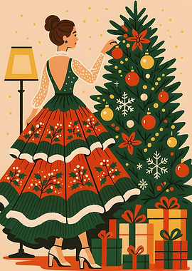 Christmas Tree Decorating Vintage Illustration
