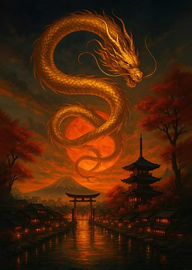Golden Dragon over Japanese Landscape