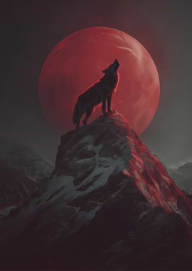 Wolf Howling at Red Moon