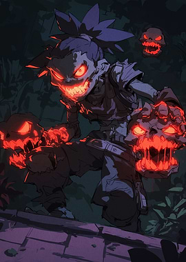 Spooky Character with Glowing Skulls