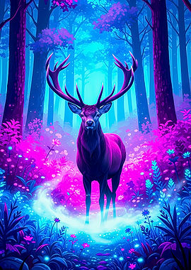 Neon Deer in Enchanted Forest
