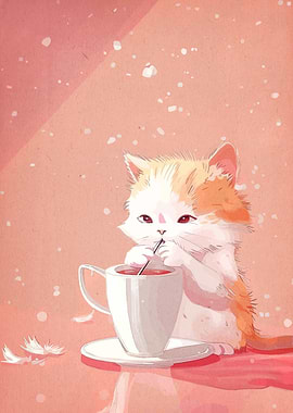 Cute Cat Drinking Tea Illustration
