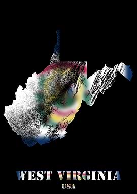 West Virginia USA Topographic Contour Relief Map blending terrain features into its emblematic colorful flag