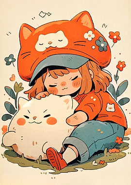 Girl and Cat Nap Illustration