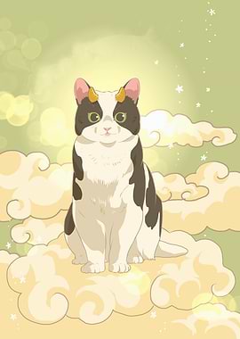 Tuxedo Cat with Horns on Clouds