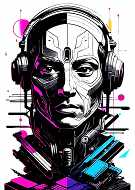 Cybernetic Portrait with Headphones and Neon Accents