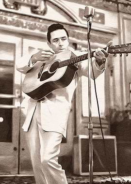 Johnny Cash playing guitar, sepia tone