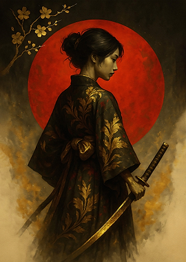 Samurai Woman with Katana and Red Moon