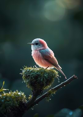 Pink Bird on Mossy Branch