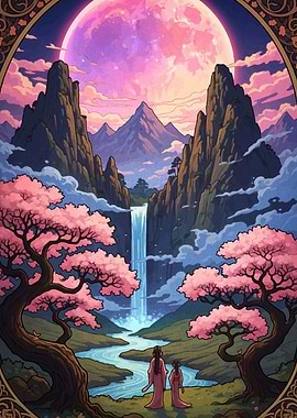 Pink Moon over Asian Landscape