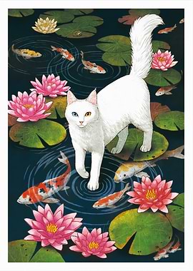 White Cat in Koi Pond Illustration