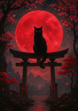 Black Cat on Torii Gate, Red Moon
