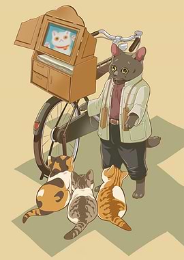 Anthropomorphic Cat Photographer with Bicycle Cart