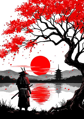 Samurai under Cherry Tree at Sunset