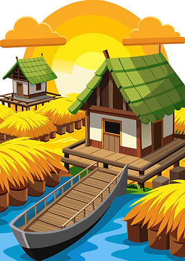 Traditional Stilt Houses with Green Roofs and Hay Metal Print Art Stacks at Sunset Vector