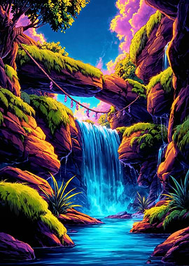 Vibrant Waterfall Landscape with Lush Vegetation