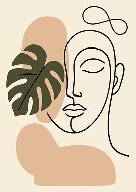 Minimalist Face with Monstera Leaf Art