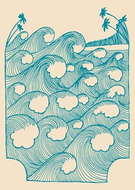 Ocean Waves with Palm Trees Illustration
