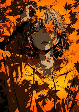 Anime Girl with Autumn Leaves