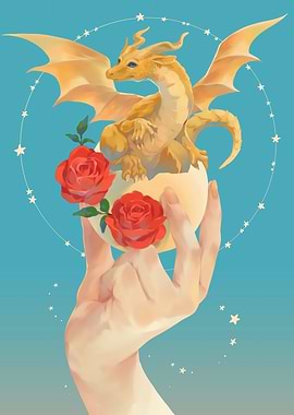 Golden Dragon Hatching from Egg with Roses