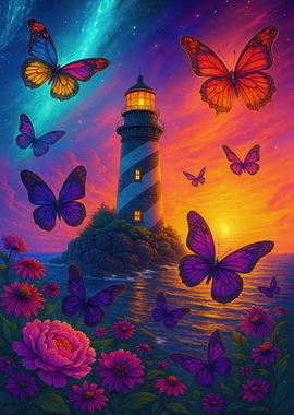 Lighthouse, Butterflies, and Floral Fantasy