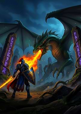 Knight Versus Dragon in Fantasy Landscape