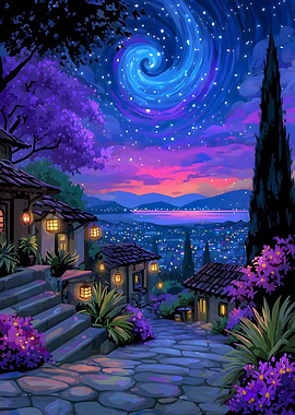 Nighttime Village Scene with Swirling Sky