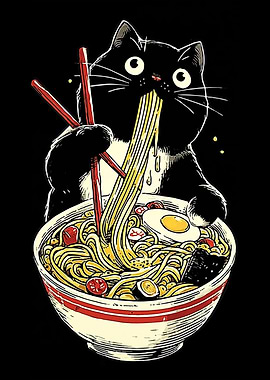 Cat Eating Ramen Noodles Illustration