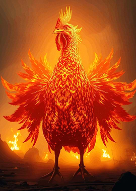 Fiery Rooster Burning Landscape