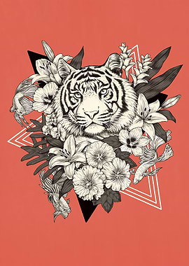 Tiger, Flowers, and Fish Illustration