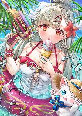 Anime Girl with Ice Cream and Cat