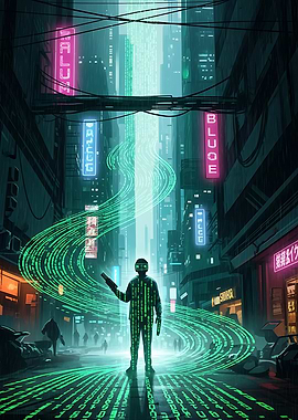 Cyberpunk Cityscape with Digital Figure