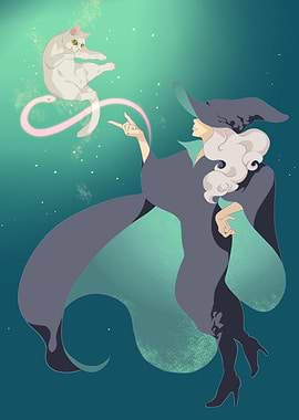 Whimsical Witch and Cat Illustration