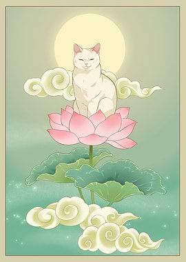 Cat on Lotus Flower with Clouds