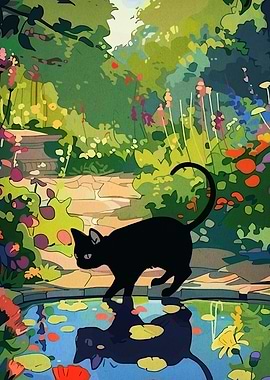 Black Cat in Garden Pond Reflection