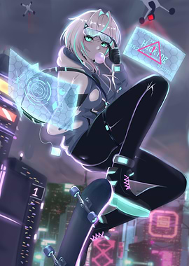 Cyberpunk Hacker Girl on Skateboard
