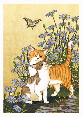 Cats and Butterfly in Floral Garden