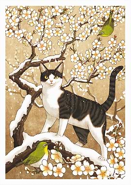 Cat, Birds, and Blossoms in Winter