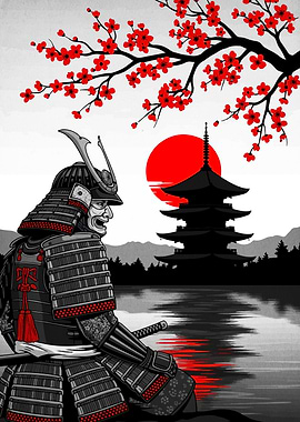 Samurai Warrior with Pagoda and Cherry Blossoms