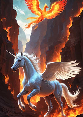 Unicorn Phoenix Fiery Landscape