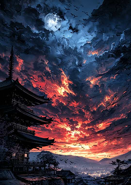 Japanese Temple Under Dramatic Sky