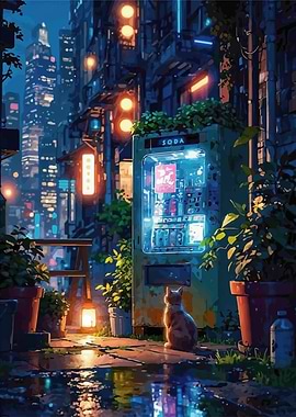 Cyberpunk Cityscape with Cat and Vending