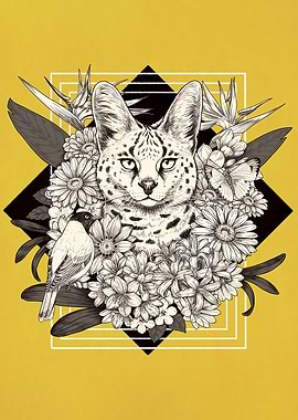 Serval Cat Floral Illustration